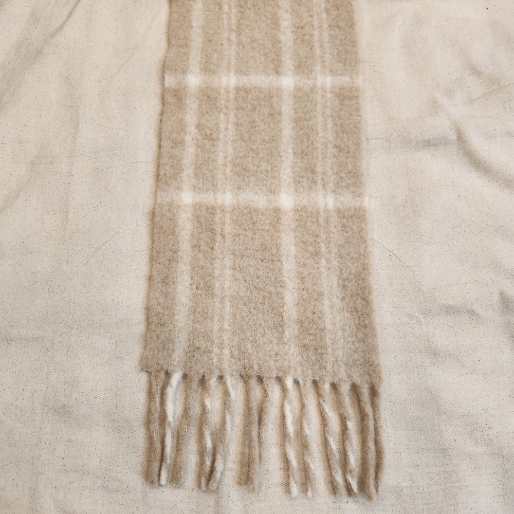Holzweiler Beige Plaid Check Fringe Scarf 80% Baby Alpaca Blend Wrap Italy
